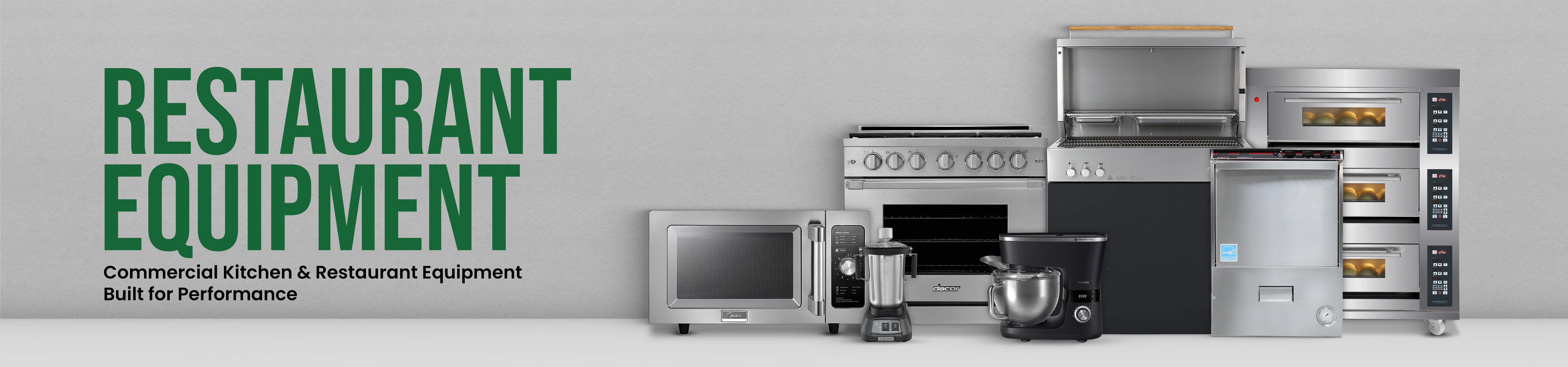 Commercial Restaurant Kitchen equipment including ovens, stoves, microwave, blender, mixers designed for high-performance cooking and food preparation